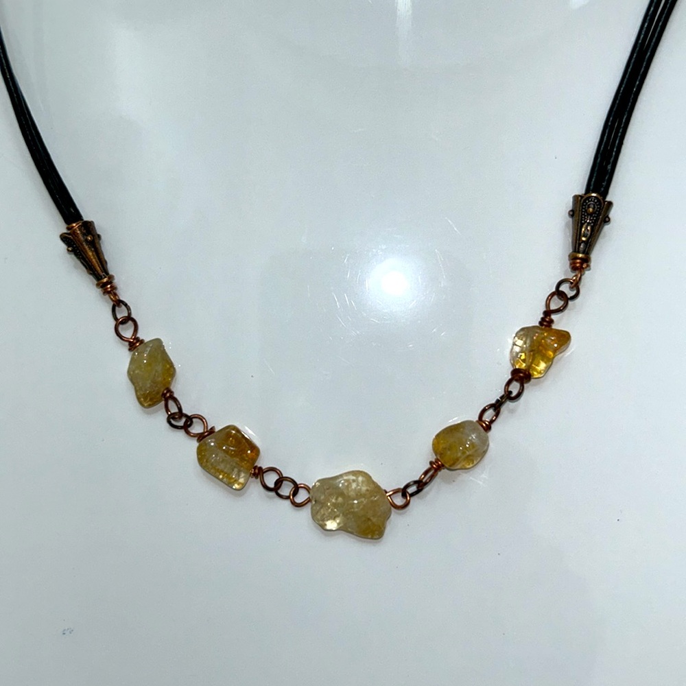 Handmade Double Black Leather Cord 5 Station Genuine Citrine Gemstone Necklace